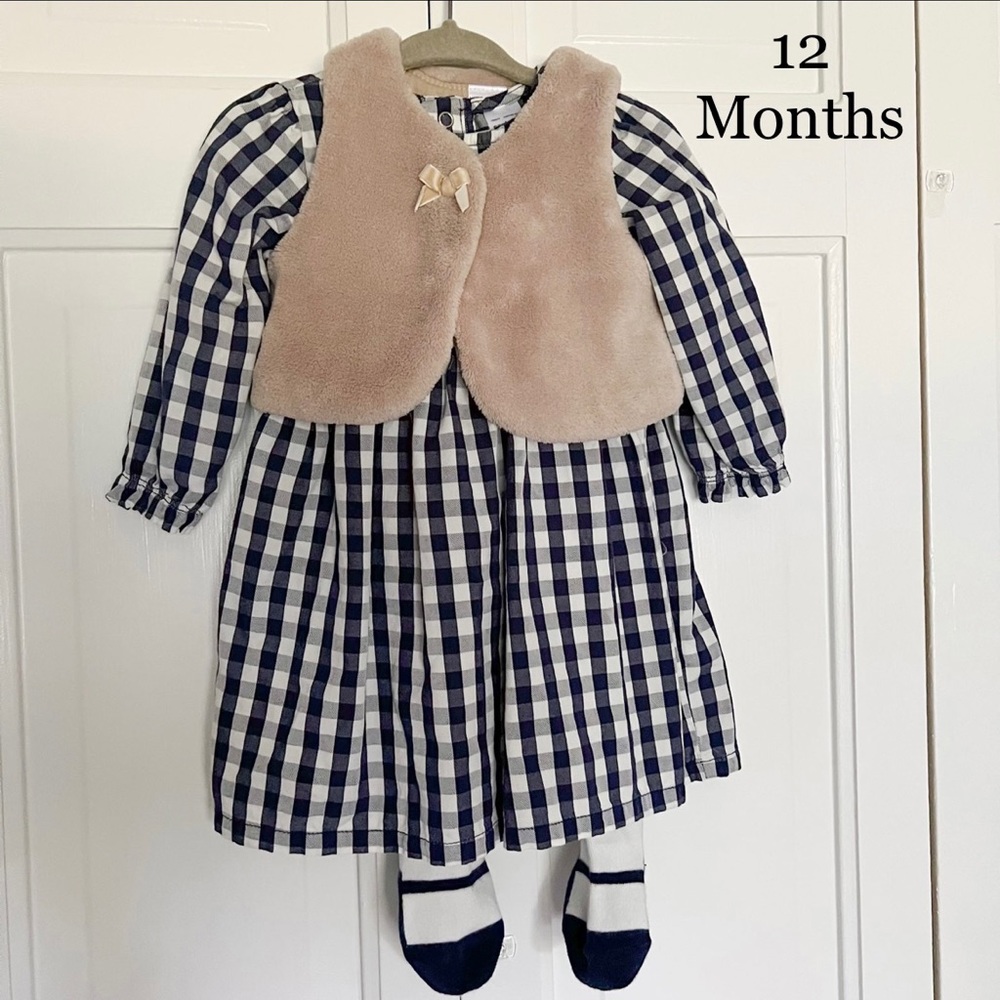 12 Month Carter’s Blue & White Gingham Dress, Faux Fur Vest, & Tights